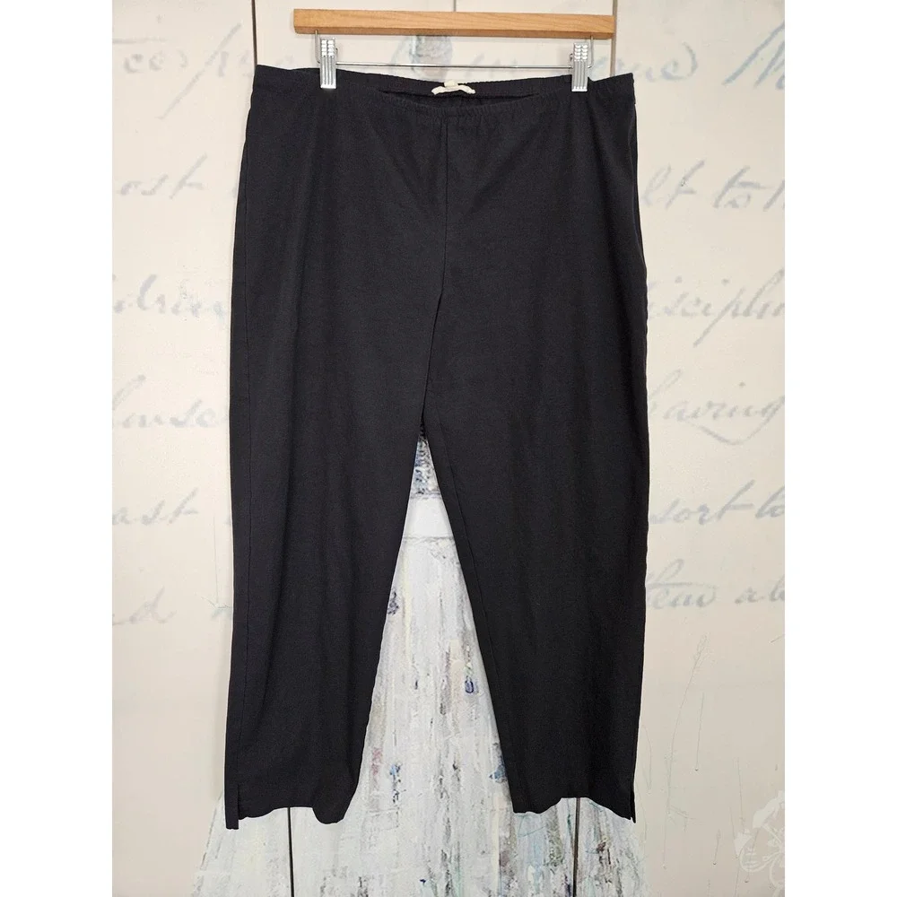 Eileen Fisher Cropped Pants L Black Organic Cotton Stretch Minimalist Lagenlook